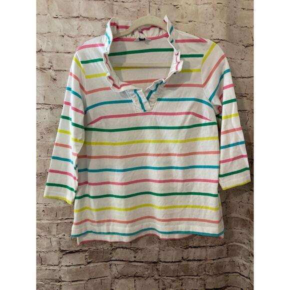 Crown & Ivy Shirt Women's Petite Medium Multicolor Rainbow Striped Ruffle V Neck - Picture 1 of 13